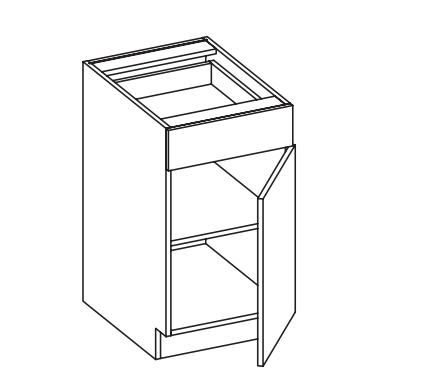 Line drawing of a cabinet with one door and two shelves inside.